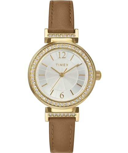 Timex Damen-Armbanduhr, Dress Watch, 31 mm, braunes Lederarmband, silberfarbenes Zifferblatt, goldfarbenes Gehäuse TW2W49000 Timex Damen-Armbanduhr, Dress Watch, 31 mm, braunes Lederarmband, silberfarbenes Zifferblatt, goldfarbenes Gehäuse TW2W49000 von Timex