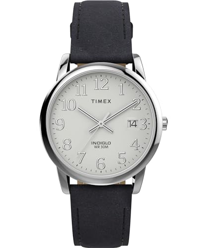Timex Easy Reader Herren-Armbanduhr, 35 mm, schwarzes Lederarmband, weißes Zifferblatt, silberfarbenes Gehäuse TW2W54300 Timex Easy Reader Herren-Armbanduhr, 35 mm, schwarzes Lederarmband, weißes Zifferblatt, silberfarbenes Gehäuse TW2W54300 von Timex