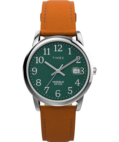 Timex Easy Reader Herren-Armbanduhr, 35 mm, braunes Lederarmband, grünes Zifferblatt, silberfarbenes Gehäuse TW2W54600 Timex Easy Reader Herren-Armbanduhr, 35 mm, braunes Lederarmband, grünes Zifferblatt, silberfarbenes Gehäuse TW2W54600 von Timex
