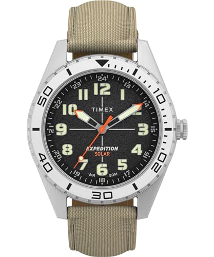 Timex Expedition Field Solar Herren-Armbanduhr, 43 mm, hellbraunes Armband, schwarzes Zifferblatt, IP-Stahlgehäuse TW4B30700 von Timex