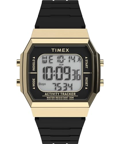 Timex Fitness-Tracker, Sport-Armbanduhr, Unisex, 40 mm, schwarzes Silikonarmband, digitales Zifferblatt, goldfarbenes Gehäuse TW5M60900 Timex Fitness-Tracker, Sport-Armbanduhr, Unisex, 40 mm, schwarzes Silikonarmband, digitales Zifferblatt, goldfarbenes Gehäuse TW5M60900 von Timex