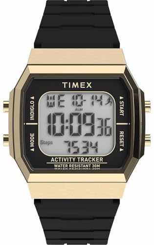 Timex Fitness-Tracker, Sport-Armbanduhr, Unisex, 40 mm, schwarzes Silikonarmband, digitales Zifferblatt, goldfarbenes Gehäuse TW5M60900 von Timex