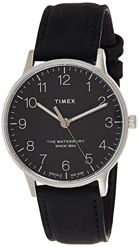 Timex Waterbury 40mm Herrenuhr - Edelstahlgehäuse mit Schwarzem Zifferblatt und Schwarzem Lederarmband TW2V01500 von Timex