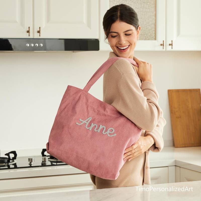 Custom Corduroy Tote, Embroidered Bag, Holiday Gift, Birthday Xmas Bridesmaid Casual Gift For Her von TimoPersonalizedArt