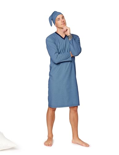 Timone Herren Nachthemd mit Schlafmütze TIDR5001 (Blau 667801 (Langarm), XL) von Timone