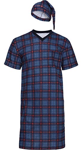 Timone Herren Nachthemd mit Schlafmütze TIDR5002 (Dunkelblau Kariert-2, XXL) von Timone