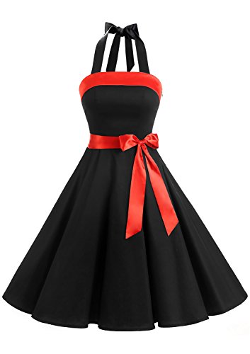Timormode Damen Vintage Cocktailkleid Knielang Neckholder Swing Retro Rockabilly Kleid XS Schwarz von Timormode