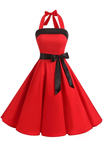 Timormode Damen Vintage Cocktailkleid Knielang Neckholder Swing Retro Rockabilly Kleid XXL Rot von Timormode