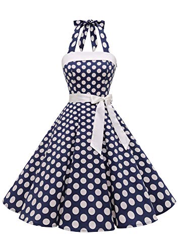 Timormode Damen Vintage Cocktailkleid Knielang Neckholder Swing Retro Rockabilly Kleid Groß Marineblau Weiß XL von Timormode