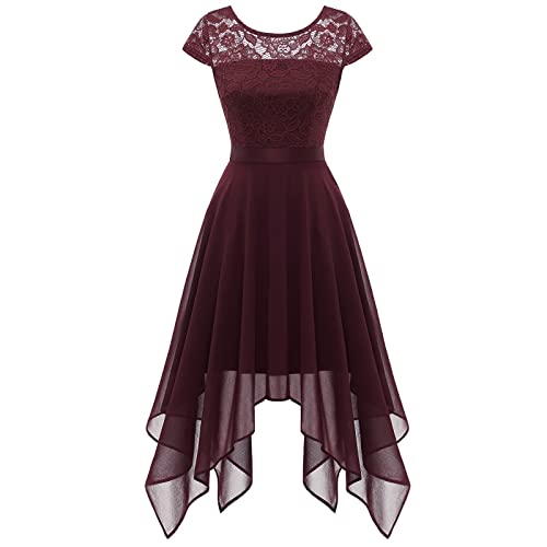 Timormode Damen Elegant Cocktailkleid Hochzeit Kurz Abendkleider Festlich Ballkleider Asymmetrisch Saum Burgund L von Timormode