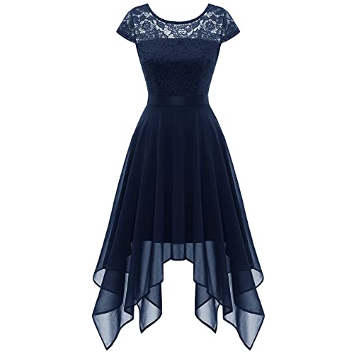 Timormode Damen Elegant Cocktailkleid Hochzeit Kurzarm Abendkleider Festlich Ballkleider Asymmetrisch Saum Marineblau L von Timormode