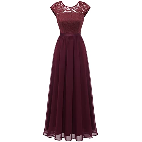 Timormode Damen Elegant Maxi Lang Abendkleider Hochzeit Rundausschnitt Brautjungfernkleider Cocktailkleider Burgundy L von Timormode