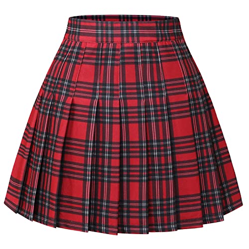 Timormode Damen Faltenrock Elastische Hohe Taille Röcke A Linie Rock Red Black Plaid XS von Timormode