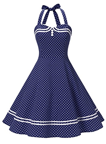 Timormode Damen Neckholder 1950er Vintage Retro Rockabilly Cocktailkleid Party Festlich Kleider 10387 Marineblau Punkte 2XL von Timormode