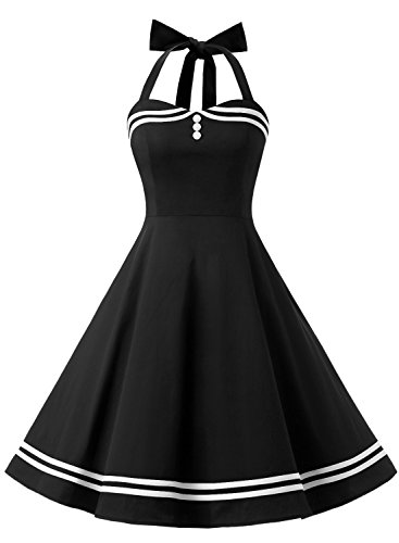 Timormode Damen Neckholder 1950er Vintage Retro Rockabilly Cocktailkleid Party Festlich Kleider 10387 Schwarz 3XL von Timormode