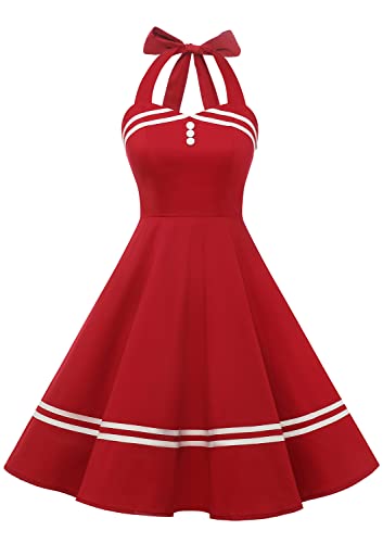 Timormode Damen Neckholder 1950er Vintage Retro Rockabilly Cocktailkleid Party Festlich Kleider Dunkelrot 3XL von Timormode