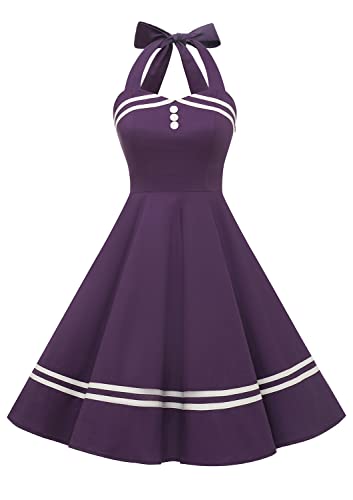 Timormode Damen Neckholder 1950er Vintage Retro Rockabilly Cocktailkleid Party Festlich Kleider Purple 3XL von Timormode