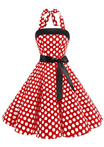 Timormode Damen Vintage Cocktailkleid Knielang Neckholder Swing Retro Rockabilly Kleid Große Rot Weiß XXXL von Timormode