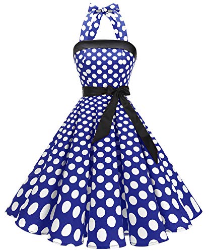 Timormode Damen Vintage Cocktailkleid Knielang Neckholder Swing Retro Rockabilly Kleid Große Royalblau Weiß XL von Timormode