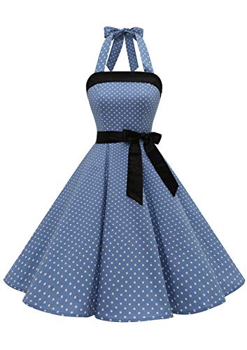 Timormode Damen Vintage Cocktailkleid Knielang Neckholder Swing Retro Rockabilly Kleid Klein Hellblau Weiß S von Timormode