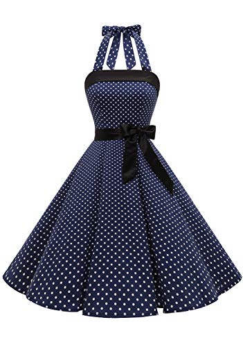 Timormode Damen Vintage Cocktailkleid Knielang Neckholder Swing Retro Rockabilly Kleid Klein Marineblau Weiß XXXL von Timormode