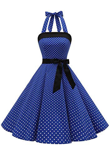 Timormode Damen Vintage Cocktailkleid Knielang Neckholder Swing Retro Rockabilly Kleid Klein Royalblau Weiß XXXL von Timormode