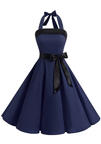 Timormode Damen Vintage Cocktailkleid Knielang Neckholder Swing Retro Rockabilly Kleid L Marineblau von Timormode