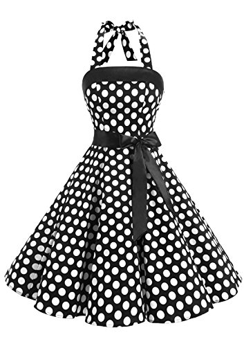 Timormode Damen Vintage Cocktailkleid Knielang Neckholder Swing Retro Rockabilly Kleid S Groß Schwarz Weiß von Timormode