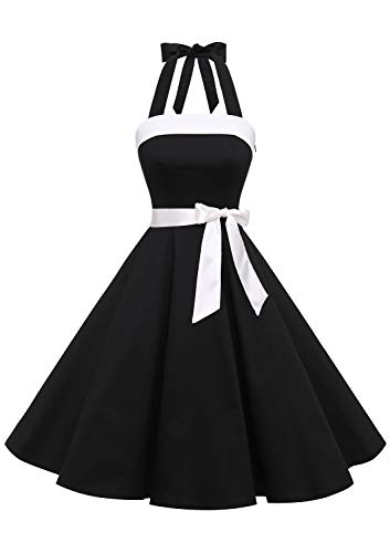 Timormode Damen Vintage Cocktailkleid Knielang Neckholder Swing Retro Rockabilly Kleid Schwarz 2 L von Timormode
