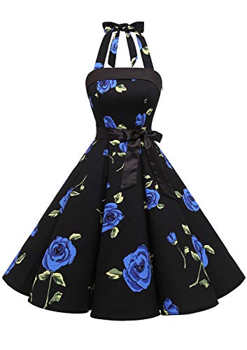 Timormode Damen Vintage Cocktailkleid Knielang Neckholder Swing Retro Rockabilly Kleid Schwarz Blau Blume XL von Timormode
