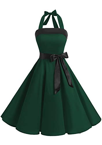 Timormode Damen Vintage Cocktailkleid Knielang Neckholder Swing Retro Rockabilly Kleid Tiefgrün XL von Timormode