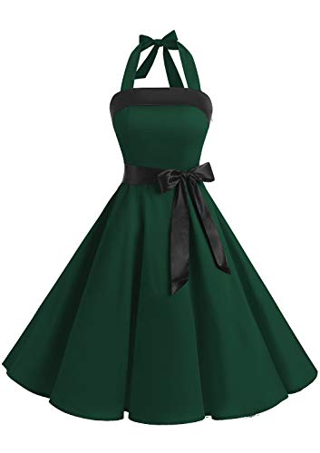 Timormode Damen Vintage Cocktailkleid Knielang Neckholder Swing Retro Rockabilly Kleid Tiefgrün XXXL von Timormode