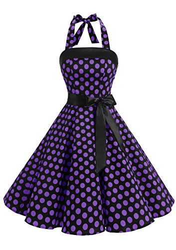 Timormode Damen Vintage Cocktailkleid Knielang Neckholder Swing Retro Rockabilly Kleid XXL Groß Schwarz Violett von Timormode