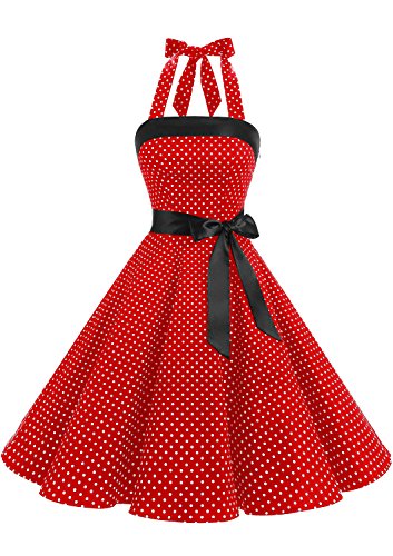 Timormode Damen Vintage Cocktailkleid Knielang Neckholder Swing Retro Rockabilly Kleid XXL Klein Rot Weiß von Timormode