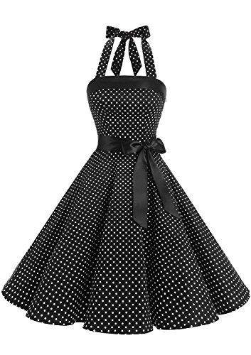 Timormode Damen Vintage Cocktailkleid Knielang Neckholder Swing Retro Rockabilly Kleid XXL Klein Schwarz Weiß von Timormode