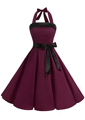 Timormode Damen Vintage Cocktailkleid Knielang Neckholder Swing Retro Rockabilly Kleid XXXL Burgundy von Timormode