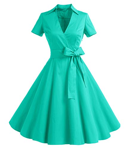 Timormode Damen Vintage Retro 1950er Cocktailkleid Rockabilly V-Ausschnitt Faltenrock Kleider Bleu L von Timormode