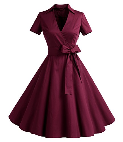 Timormode Schönes Kleid für Damen A-Line Swing Cocktail Festlich Midilang Rockabilly Kleid Burgundy 2XL von Timormode