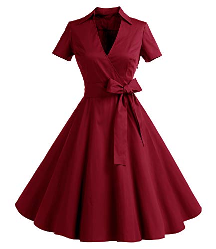 Timormode 50er Jahre Rockabilly Kleider Damen Festliches Kleid Elegante Vintage Coctailkleid DarkRed 2XL von Timormode