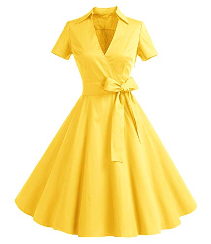 Timormode Damen Vintage Retro 1950er Cocktailkleid Rockabilly V-Ausschnitt Faltenrock Kleider Yellow 2XL von Timormode