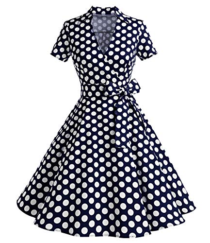 Timormode 50er Jahre Rockabilly Kleider Damen Festliches Kleid Elegante Vintage Coctailkleid Navy Dots 2XL von Timormode