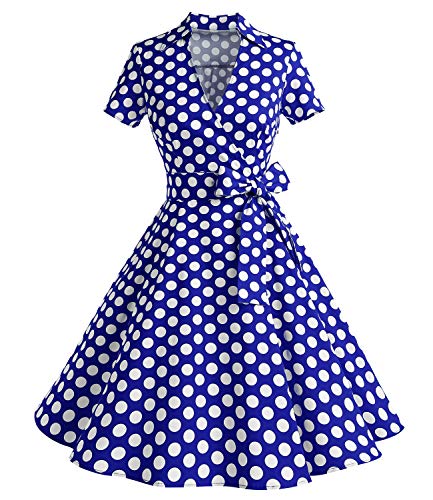 Timormode Cocktailkleid Damen Rockabilly Kleider Damen Festlich Abendkleid Kurz Vintage Kleider Damen 50er Jahre Kleider Damen Royalblue Dots 2XL von Timormode