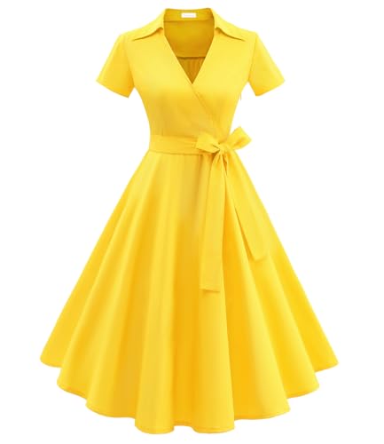 Timormode Damen Vintage Retro 1950er Cocktailkleid Rockabilly V-Ausschnitt Faltenrock Kleider Yellow 2XL von Timormode