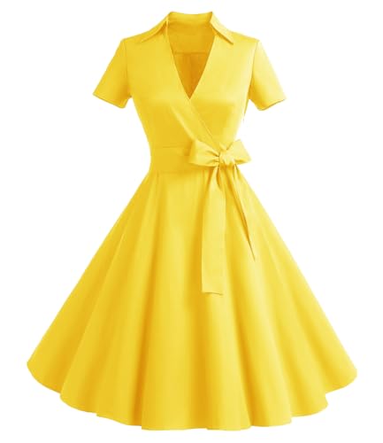 Timormode Damen Vintage Retro 1950er Cocktailkleid Rockabilly V-Ausschnitt Faltenrock Kleider Yellow XL Timormode Damen Vintage Retro 1950er Cocktailkleid Rockabilly V-Ausschnitt Faltenrock Kleider Yellow XL von Timormode