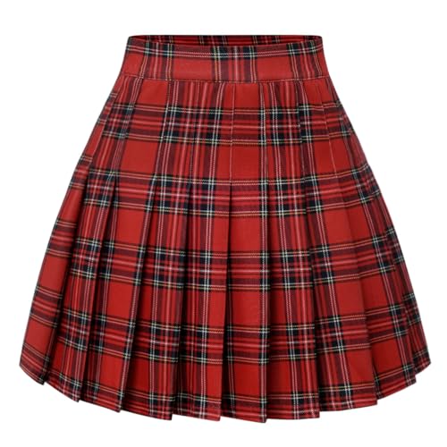 Timormode Faltenrock Damen Elastische Hohe Taille Röcke A Linie Mädchen Karierter Rock Skater Mini Rock Red Plaid XS von Timormode