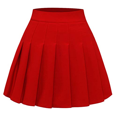Timormode Faltenrock Damen Elastische Hohe Taille Röcke A Linie Mädchen Kurz Glocken Rock Skater Mini Rock Red XS von Timormode