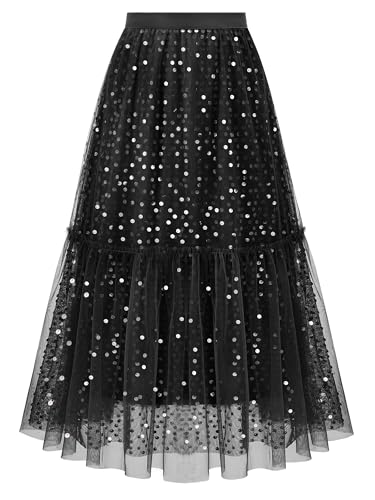 Timormode Glitzer Tüllrock für Damen Layered Puffy Fee Röcke A-Linie Midi Rock Tutu Rock Märchenhaft TMS8010 Black XL von Timormode
