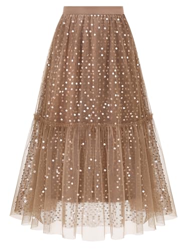 Timormode Glitzer Tüllrock für Damen Layered Puffy Fee Röcke A-Linie Midi Rock Tutu Rock Märchenhaft TMS8010 Brown M von Timormode