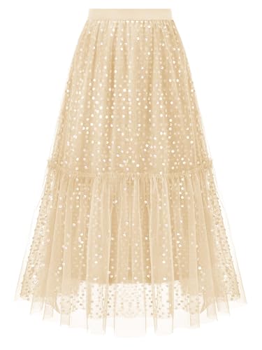 Timormode Glitzer Tüllrock für Damen Layered Puffy Fee Röcke A-Linie Midi Rock Tutu Rock Märchenhaft TMS8010 Champagne M von Timormode
