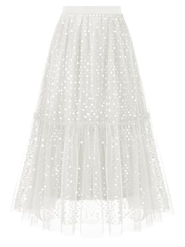 Timormode Glitzer Tüllrock für Damen Layered Puffy Fee Röcke A-Linie Midi Rock Tutu Rock Märchenhaft TMS8010 White M von Timormode